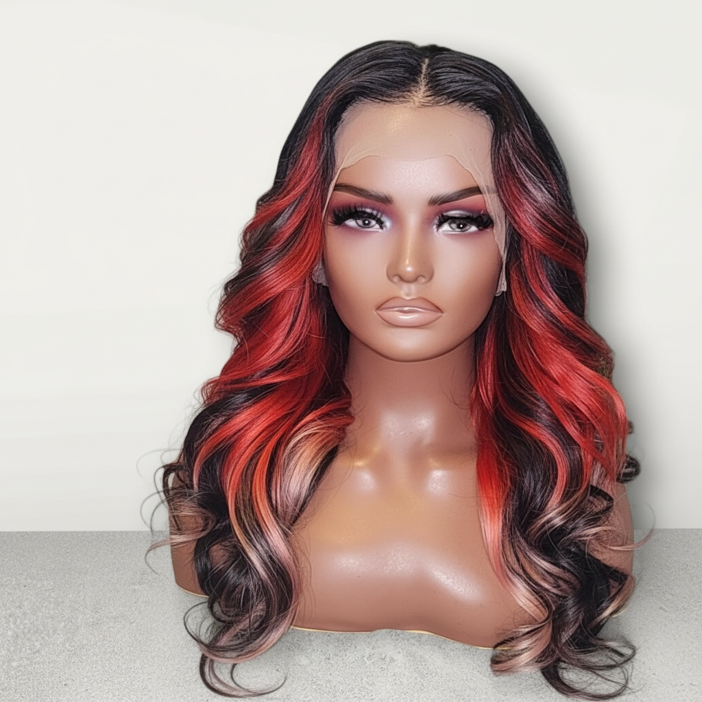 SIERRA- HD Lace Unit in Soft Curl Texture | Black & Red Peek-a-Boo Melt Color