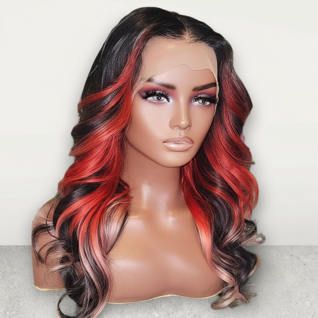 SIERRA- HD Lace Unit in Soft Curl Texture | Black & Red Peek-a-Boo Melt Color