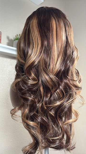 AREE- HD Lace Unit | Dark Brown with Honey Blonde Highlights