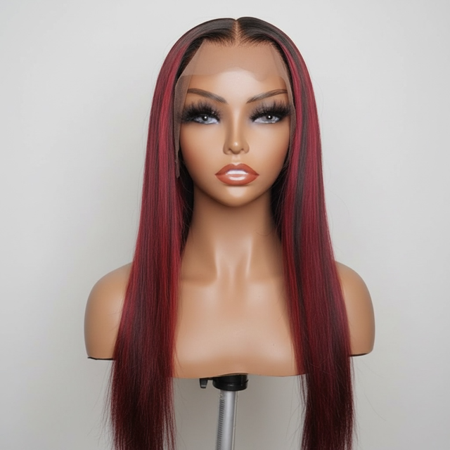 DENAI' - HD Lace Unit in Straight Texture | Red and Black Highlights