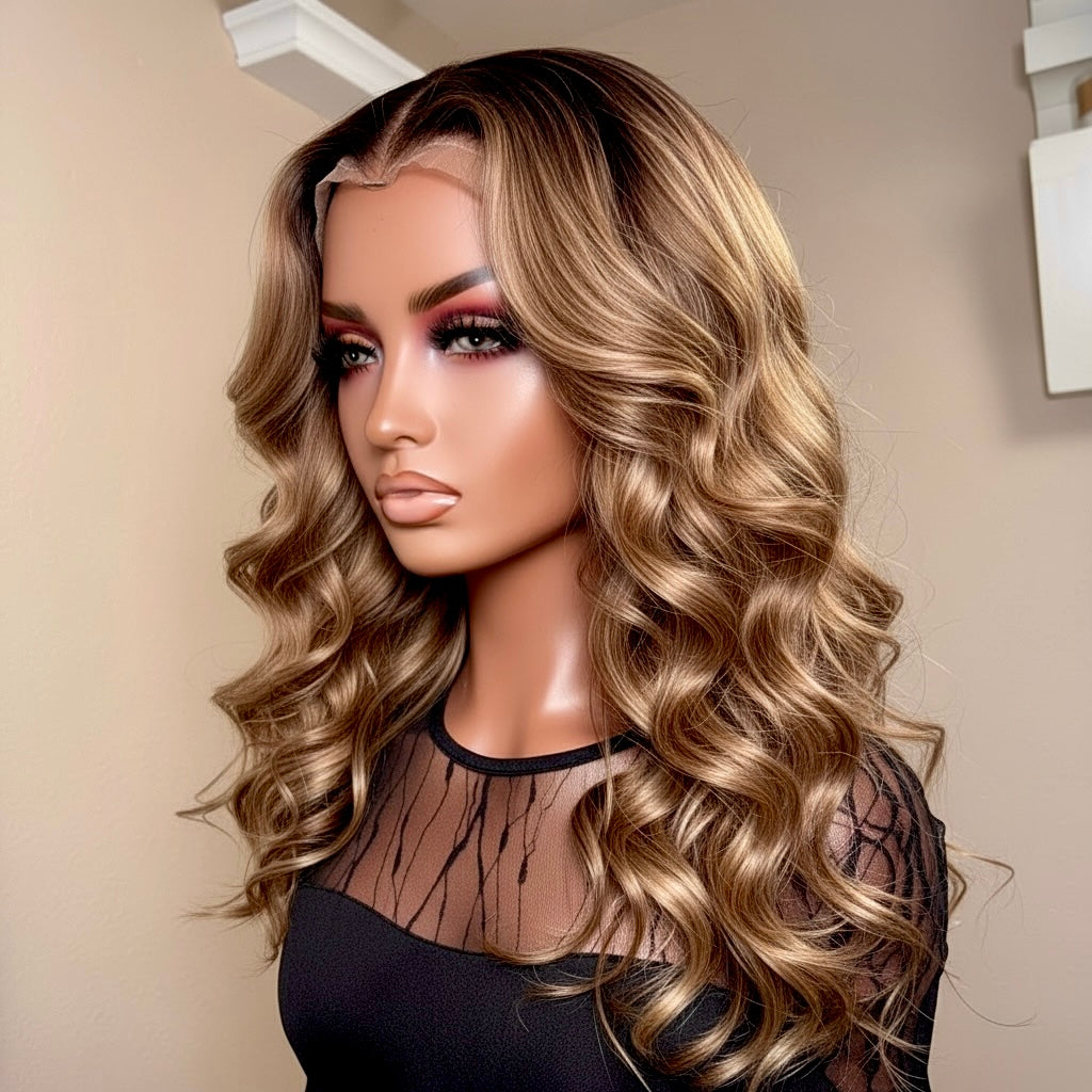 MOON- HD Lace Unit in Soft Wavy Texture | Dark Brown Root & Bronde Highlights