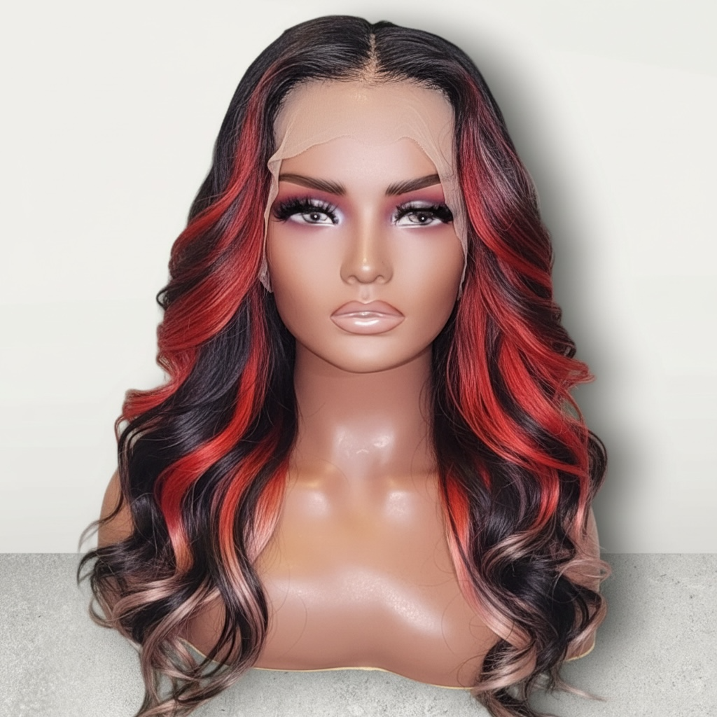 SIERRA- HD Lace Unit in Soft Curl Texture | Black & Red Peek-a-Boo Melt Color