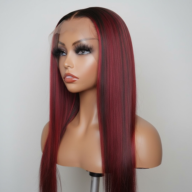 DENAI' - HD Lace Unit in Straight Texture | Red and Black Highlights