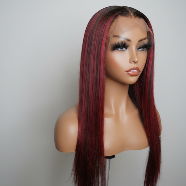DENAI' - HD Lace Unit in Straight Texture | Red and Black Highlights